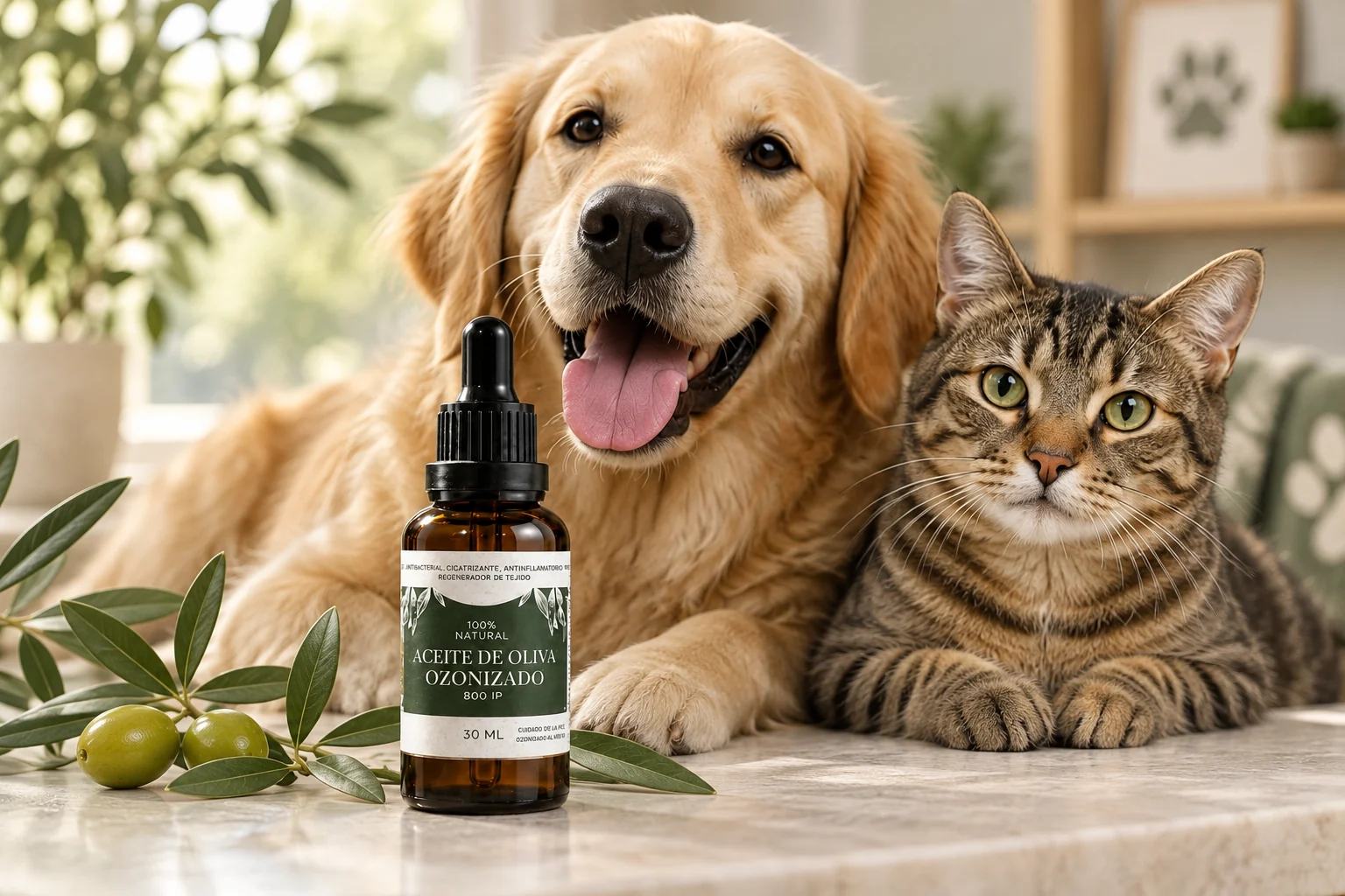 Aceite de oliva ozonizado junto a un perro y un gato